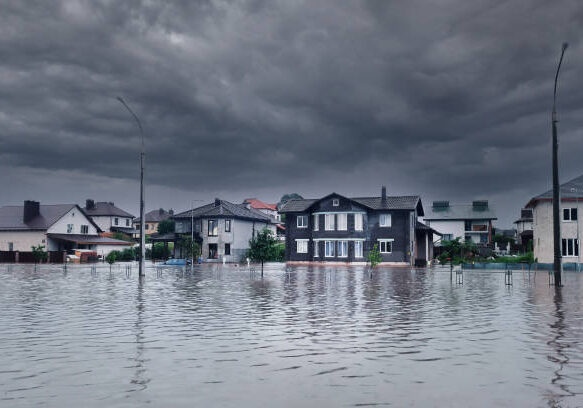 Bad extreme heavy rain storm weather. Flooded streets of the neighborhood. A flooded road junction with a drowned car. Heavy rains from tropical storm caused many flooded areas.